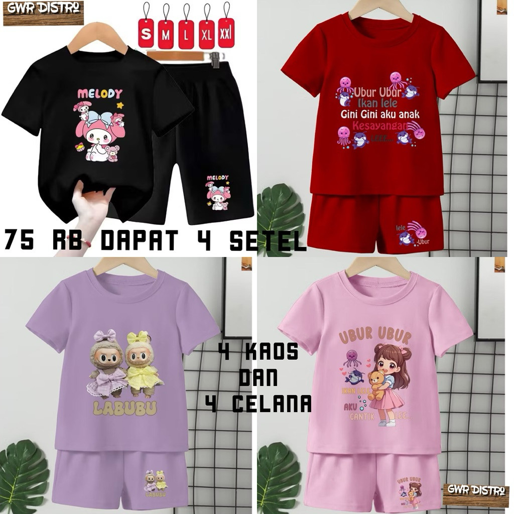 ZIZISHOP Stelan Kaos Anak 2Thn Sampai 12Thn 75Rb Dapat 4 Stel Kaos Anak Perempuan Dan Laki-Laki Moti