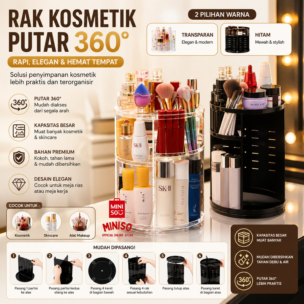 MINISO BALI | Rak Kosmetik Putar Akrilik Rak Penyimpanan Make Up Rotatable Cosmetic Organizing Rack
