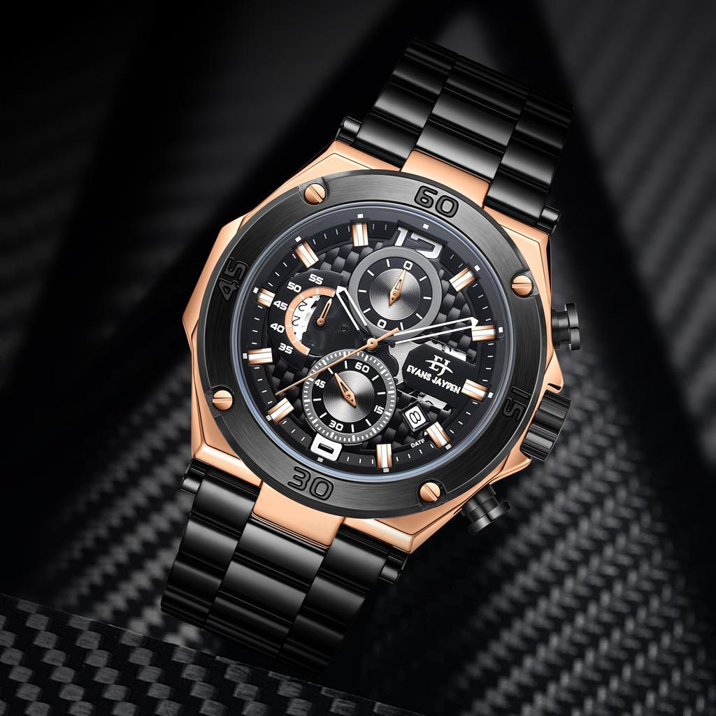 Evans Jayden Jam Tangan Pria EJ 9839 Rantai Stainless Steel Chronograph Kaca Sapphire Water Resistan