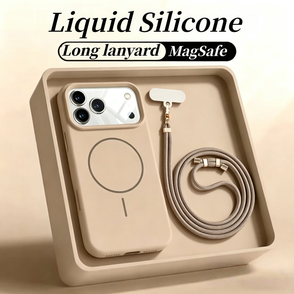 Liquid Silicone MagSafe iPhone Case with Long Crossbody Lanyard Shockproof Anti-Yellow Cover with Fu