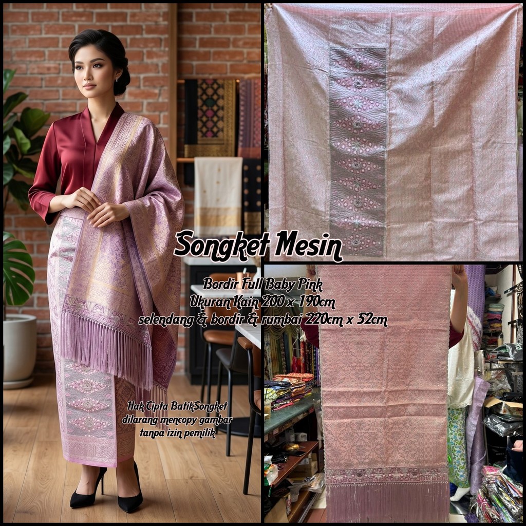 SONGKET MESIN MOTIF 17 BORDIR BABY PINK PENGANTIN HALUS LEPUS PALEMBANG MURAH SETELAN KAIN SELENDANG