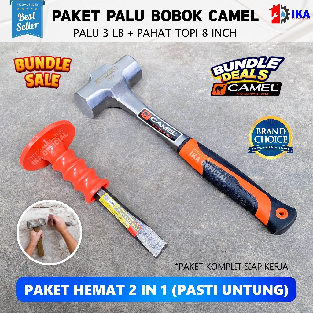 READY CAMEL Paket Palu Batu 3Lb + Pahat Beton 8inch / Paket Palu Bodem Bobok Palu Batu 3 LB GG Fiber