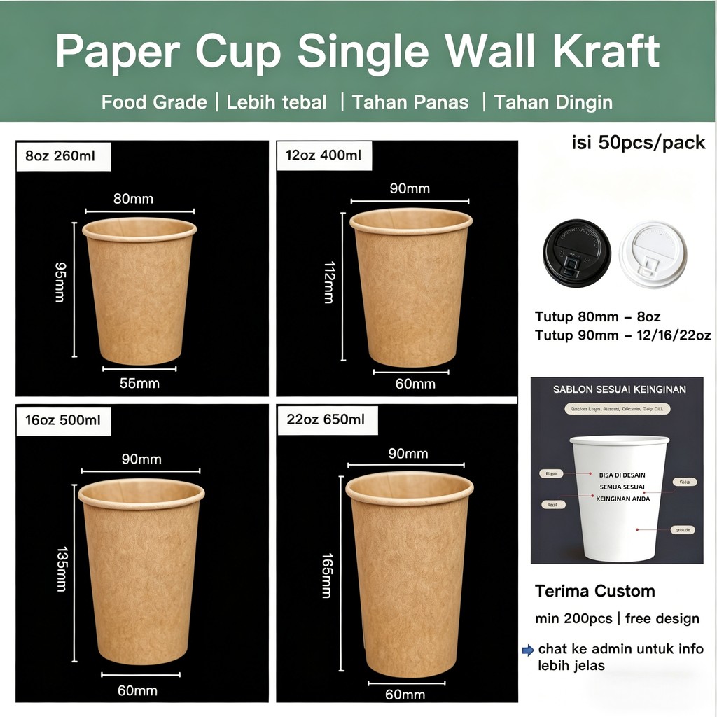 [50PCS] Gelas Kertas Kraft + Tutup | 8oz 12oz 16oz | Paper Cup Kopi Boba Tahan Panas | Custom Logo |