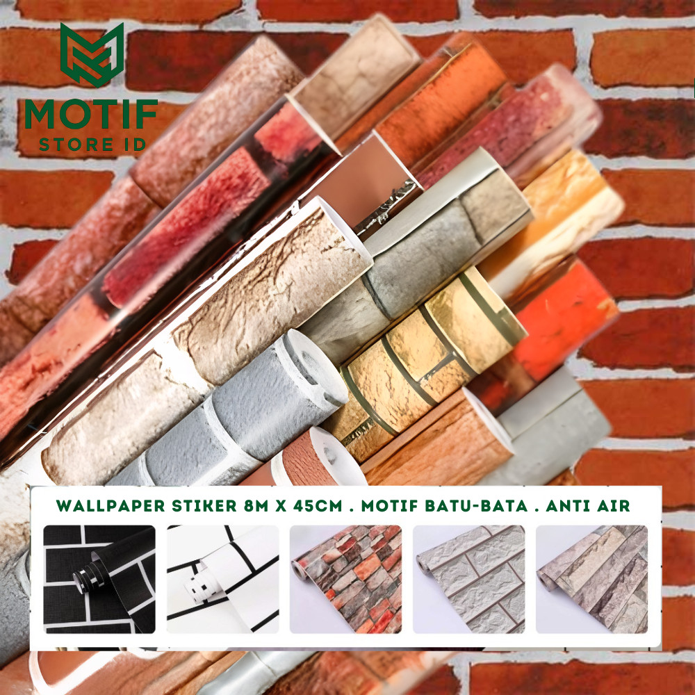 [16 Motif] Wallpaper Sticker Dinding Motif Batu/Bata Modern 8m x 45cm Kotak Garis Merah Daun HIjau K