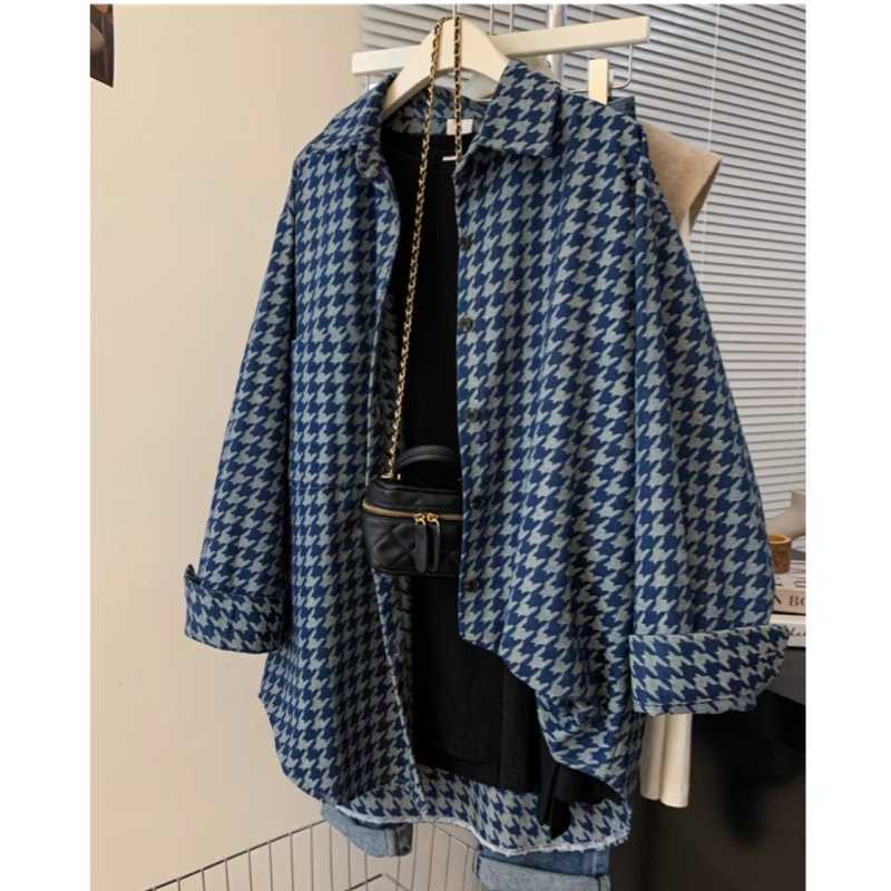 polo Atasan denim berkerah, jaket kemeja katun murni lengan panjang untuk wanita