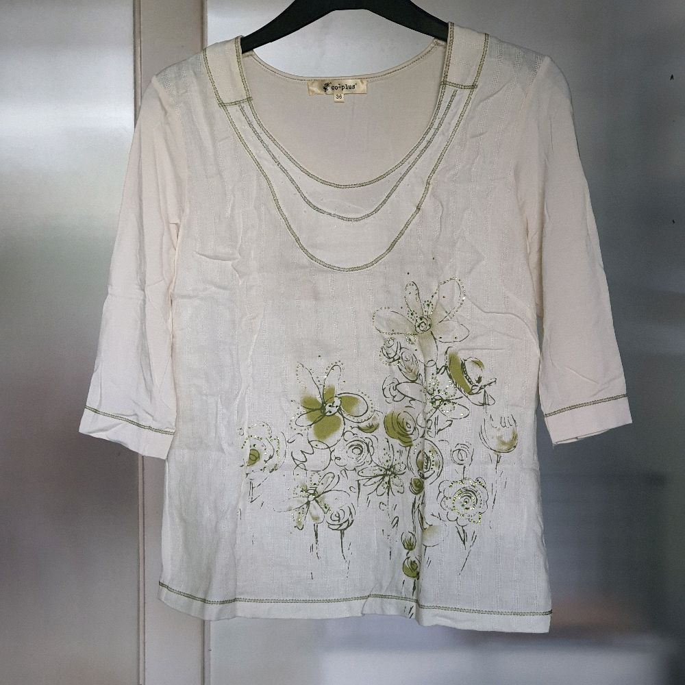 K baju wanita atasan blouse kaos co plus putih motif bunga hijau preloved Top Katun Casual Cewek Dew