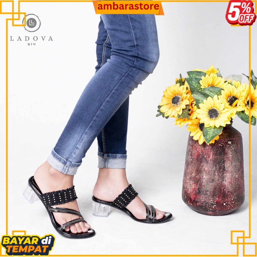 READY Ladova SOFIYA Sandal Wanita Heels Pesta Hak Kaca 5cm Tali Renda Elastis Kombinsi Jelly Party T