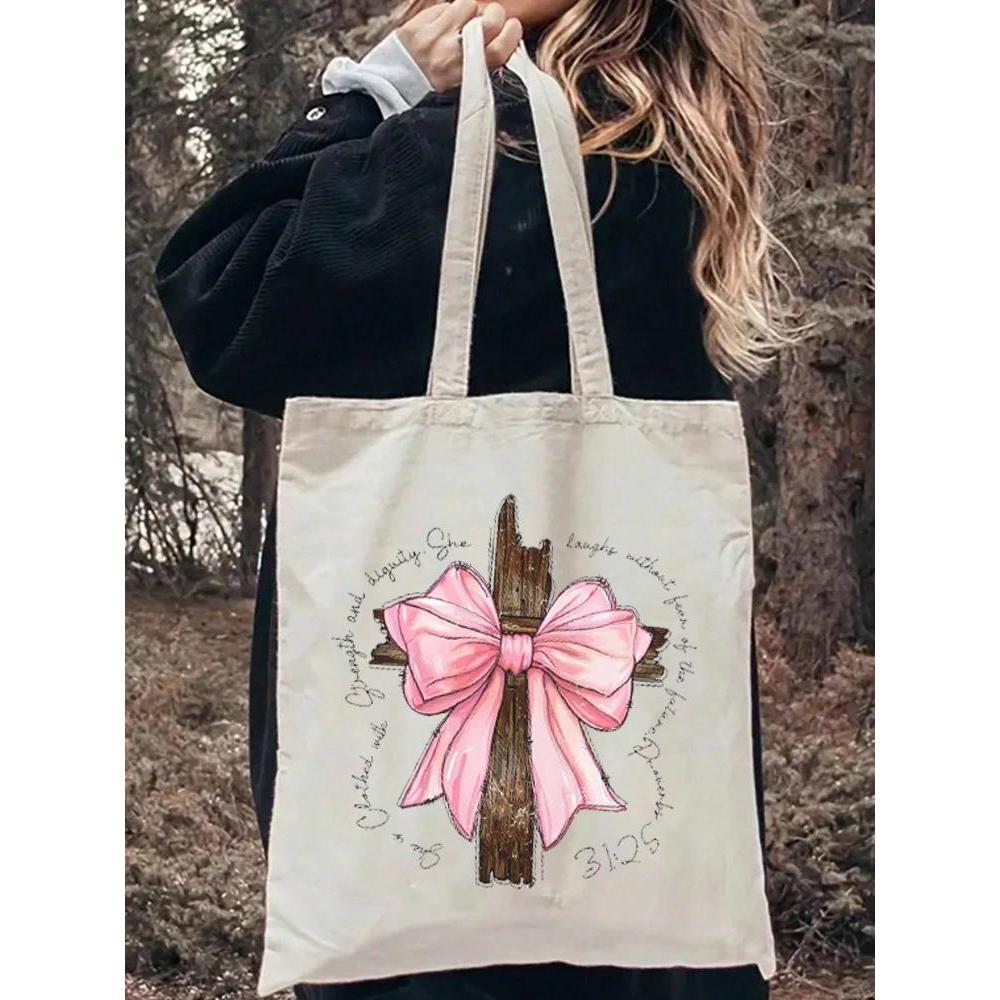 1pc Reusable Women Shopping Bag Canvas Bag Vintage Bow Cross Proverbs Christian Bible Verse Pattern 