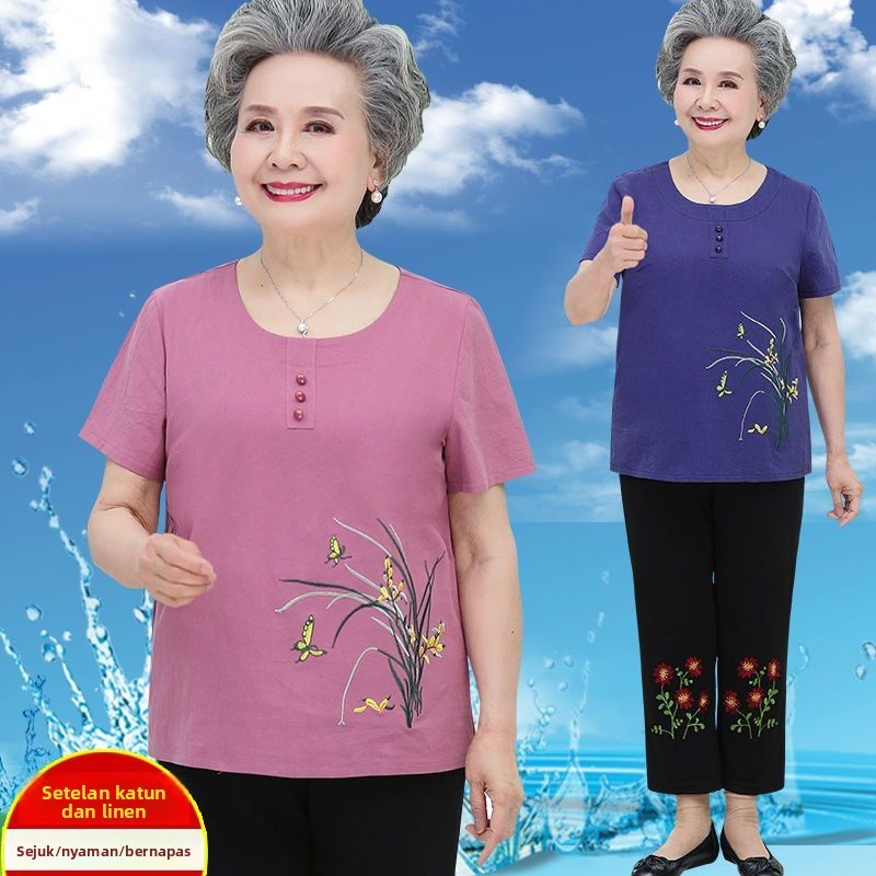 Gaun Lengan Pendek Gaun Lengan Pendek Atasan Ibu Katun Nenek, Gaun Wanita Dua Potong
