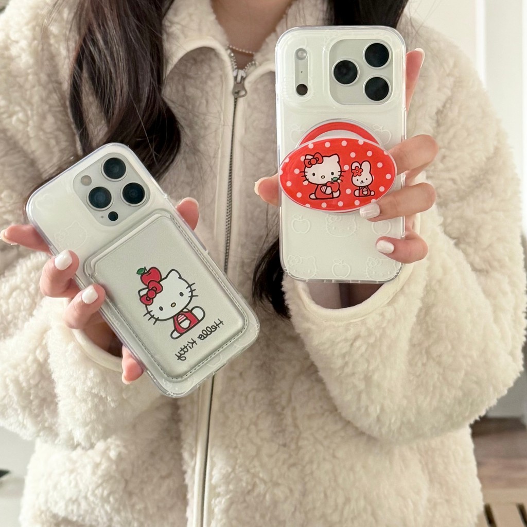 White Apple Kitty Cute Cat Phone Case Magsafe Stand Magsafe Card Bag Double Layer Shockproof Fashion