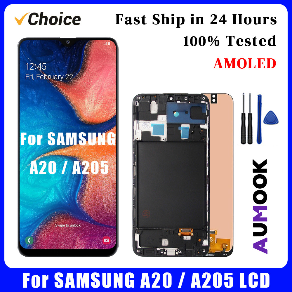 Tested AMOLED splay For Samsung A20 LCD Tou Screen gitizer Assembly For Samsung A20 A205 With Frame 
