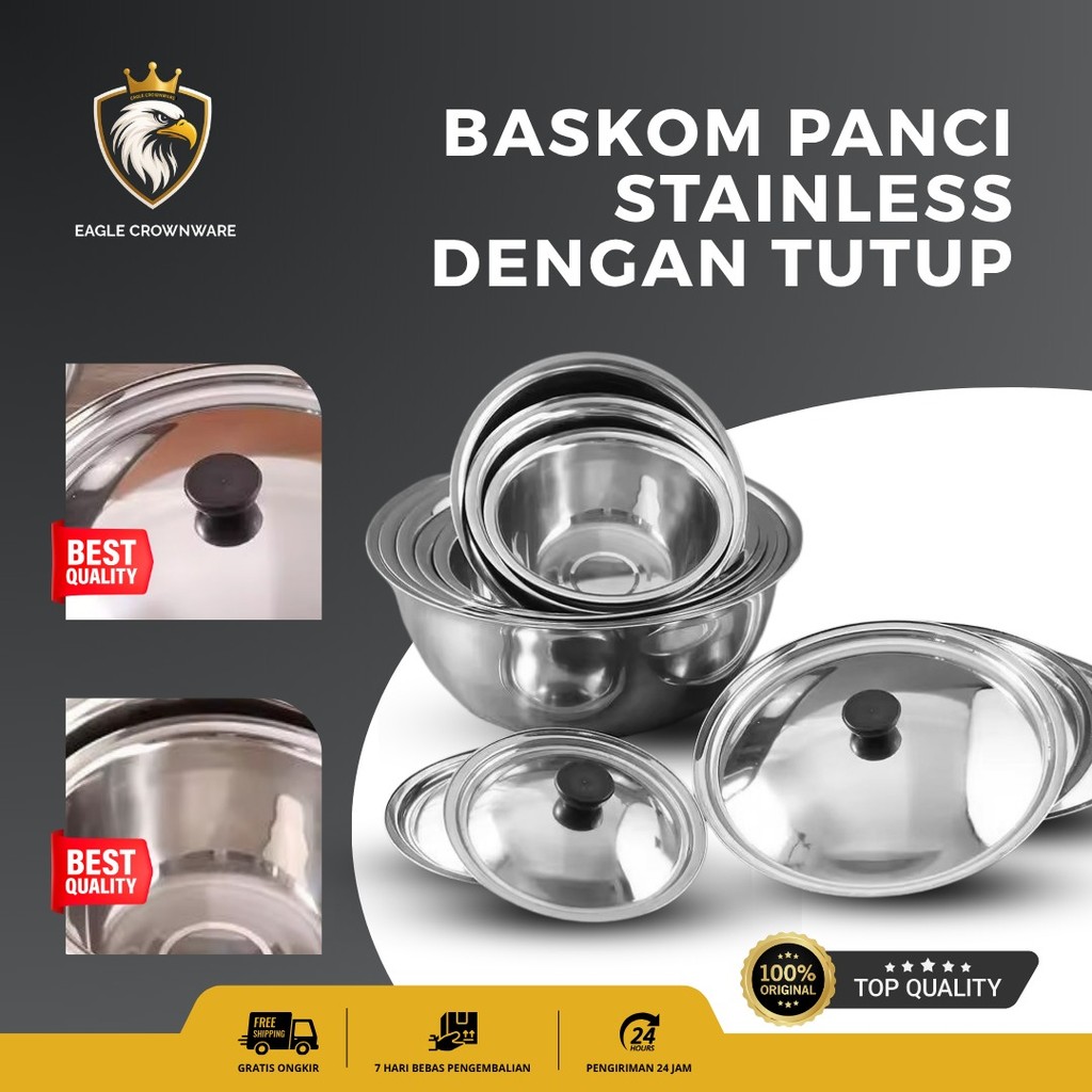Mangkok Baskom Stainless Tebal Wadah Kobokan Dengan Tutup