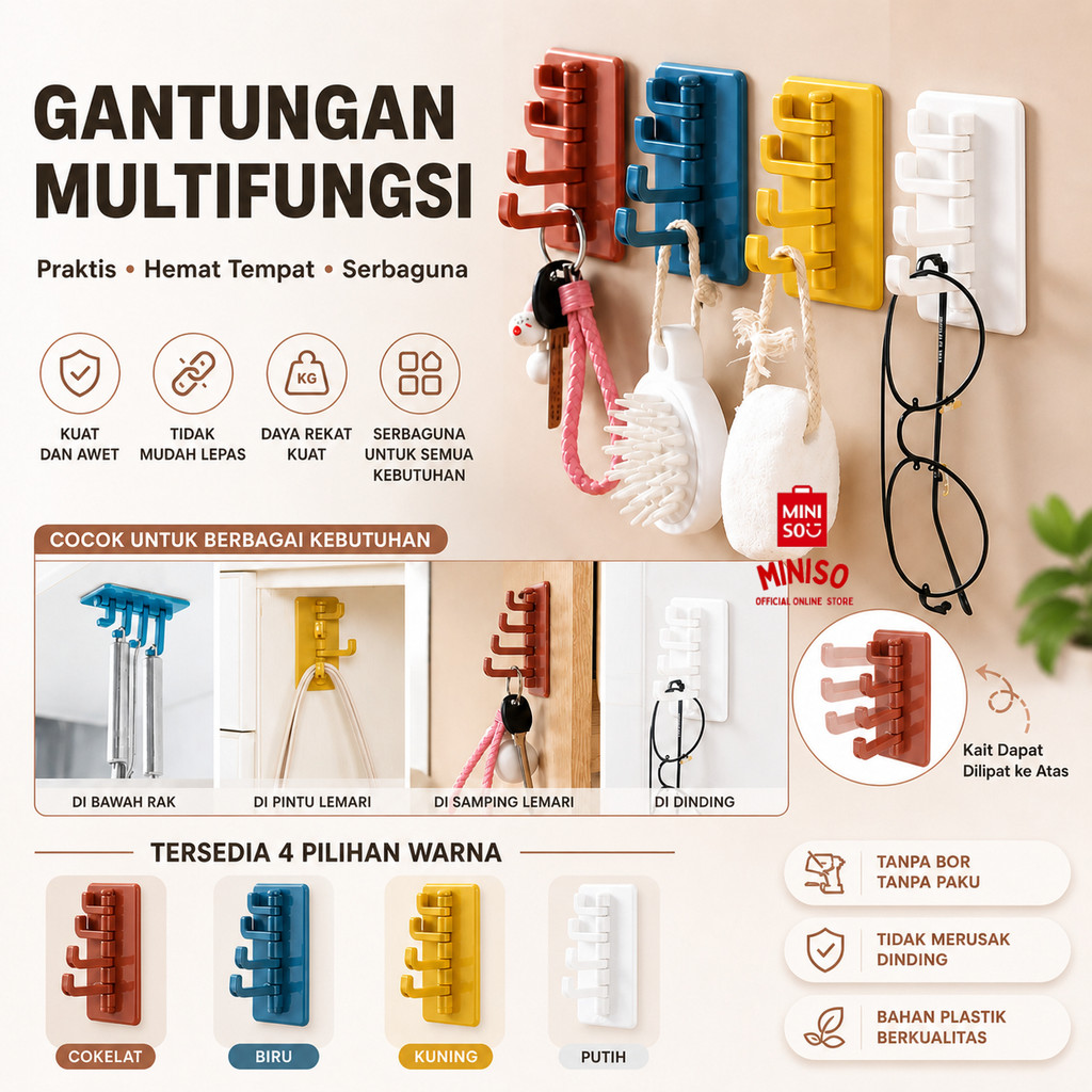 MINISO BALI | Gantungan Tempel 4 Kait Lipat Serbaguna / Hook Hanger Dinding Cabang 4 / Gantungan Kun