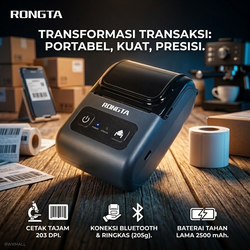 Printer Bluetooth Mini Portable RONGTA RPP02D Thermal Printer Cetak Struk Kasir Resi Alamat Label Ba