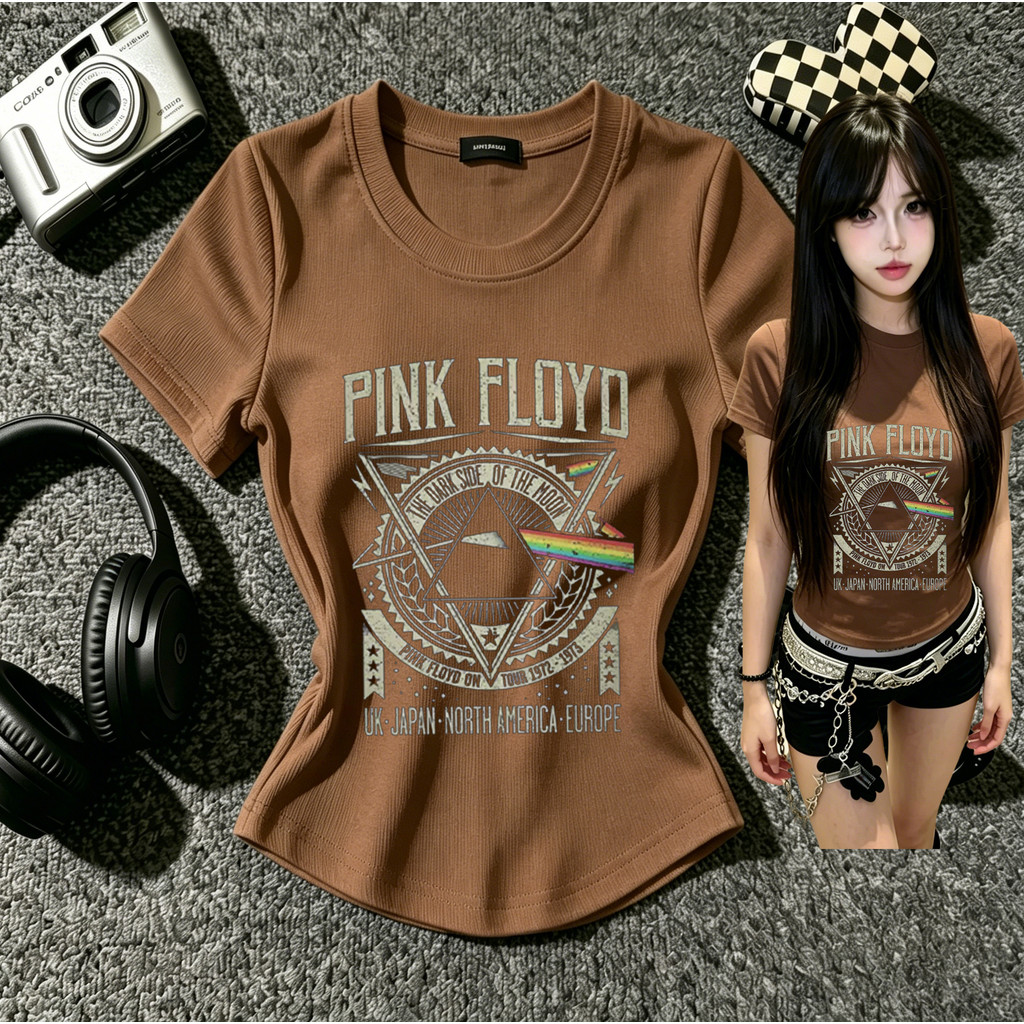 CTCT Kaos Wanita Bodyfit Crop Top Lengan Pendek Coklat Print "PINK FLOYD" 5.18