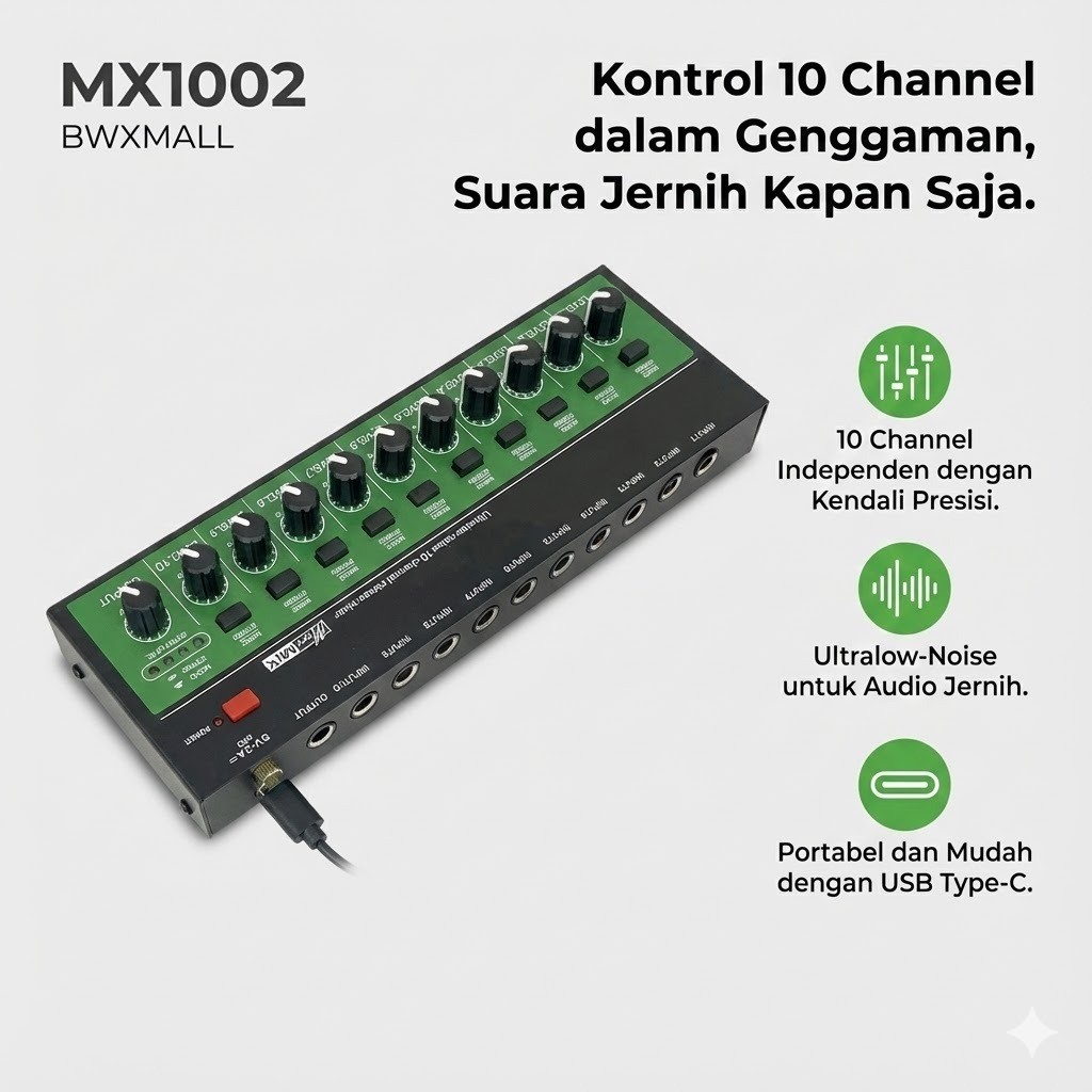 MX1002 Micro Audio Mixer 10 Channel USB Type C Metal Case Portable Ultra Low Noise Pengatur Suara In