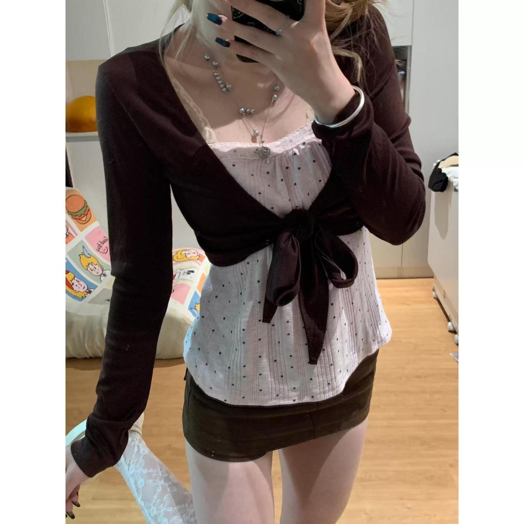 Aroana Atasan wanita Cardigan top wanita polka dot suspender coklat pink korea