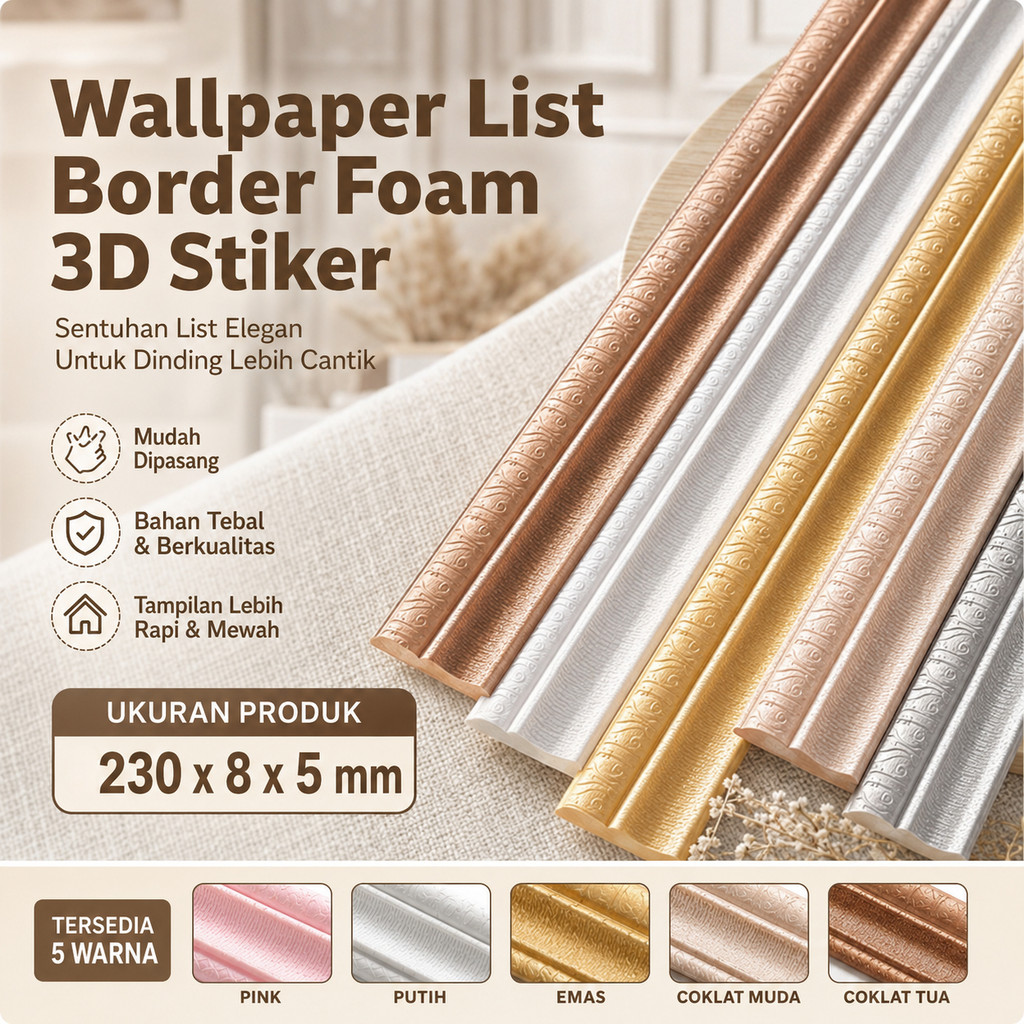 Wallpaper List Border Foam 3D Stiker Profil Dinding Motif Elegan Perekat Praktis untuk Dekorasi Kama