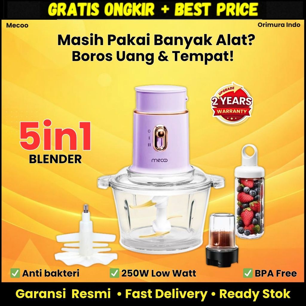 Mecoo Blender Daging 5in1 Low Watt 250W | Chopper Bumbu Juicer Baby Food Processor BPA Free - Lilac