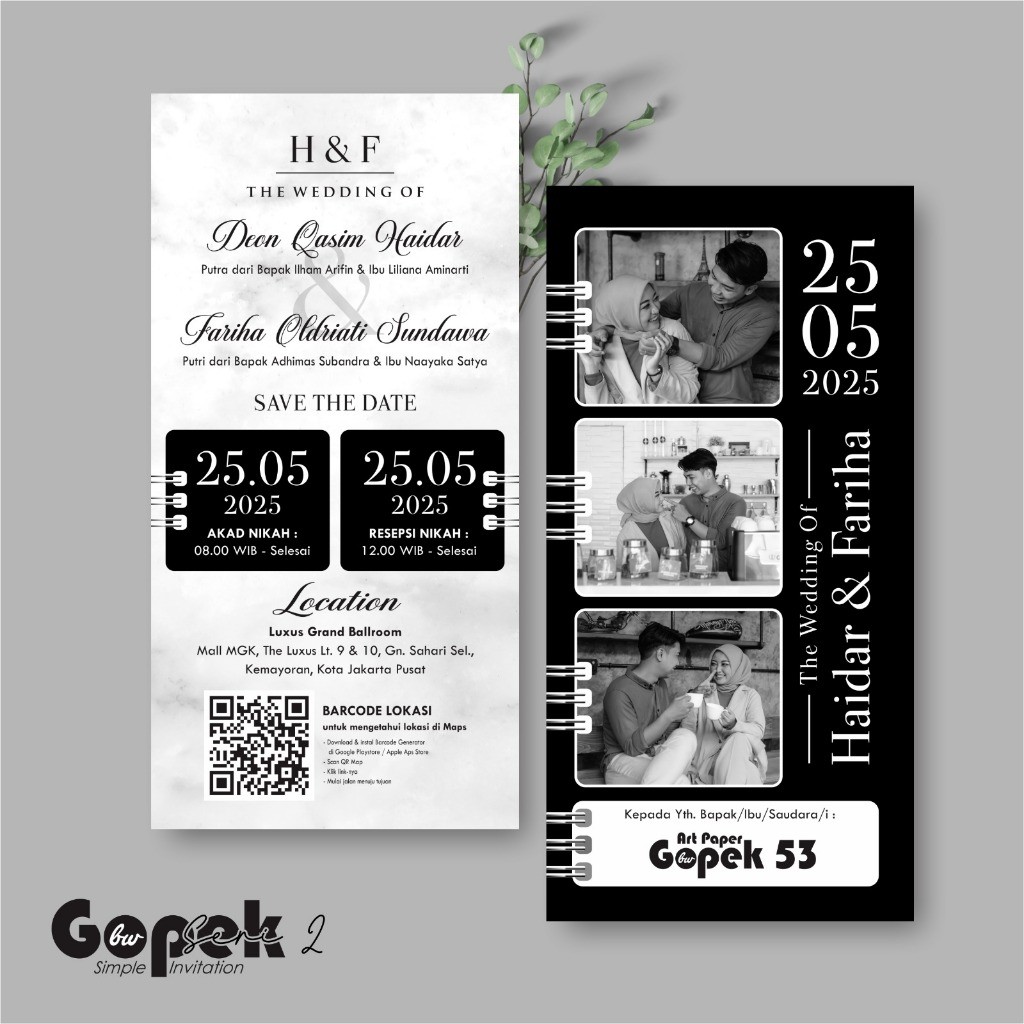 Undangan Pernikahan Custom Simple Minimalis 1 Lembar Gopek BW Seri 2 Teknos ELMAS DIGITAL PRINTING