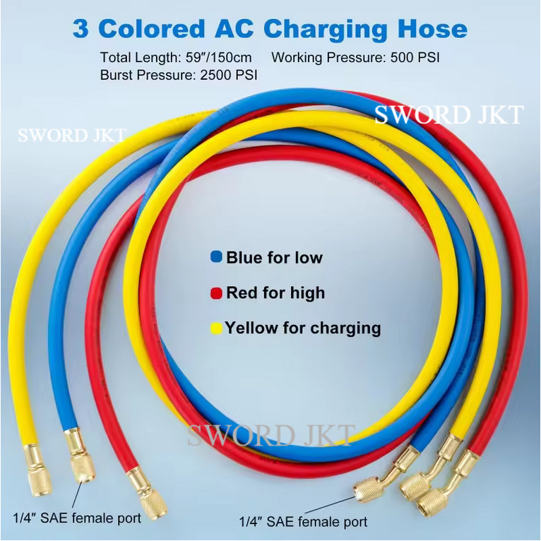 Selang Manifold Gauge 1.5 Meter Set 3 Warna R22 R134a R410 R12 R502 Selang Pengisian Freon AC Mobil 