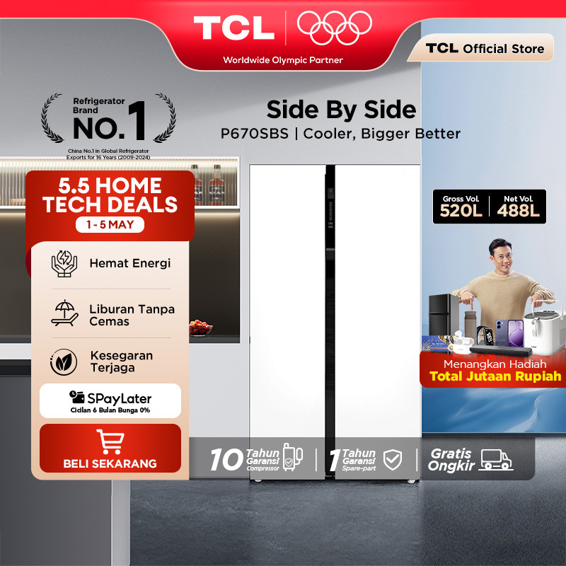TCL Kulkas 2 Pintu Side by Side - Kapasitas 520L - Holiday Mode - Twin Eco Inverter - AAT Gen 2 Natu
