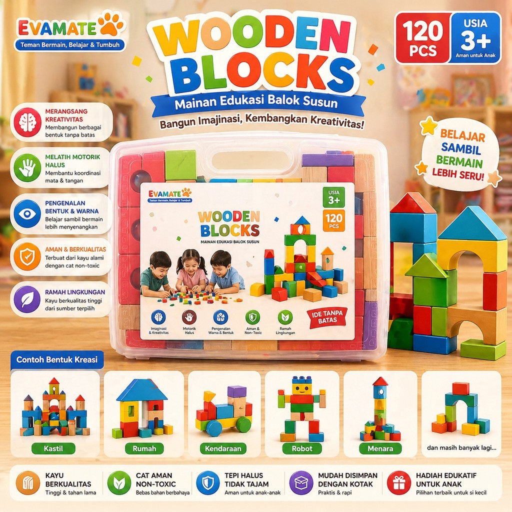 Balok Kayu Edukasi Anak 4 cm – Kayu Meranti Berkualitas, Warna Merah Biru Kuning