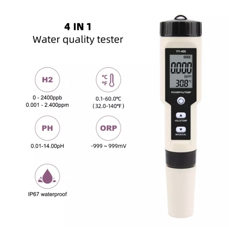 Alat Ukur Kualitas Air Digital 4in1 Tester pH ORP H2 Suhu IP67 Waterproof Pen Aquarium Kolam Renang