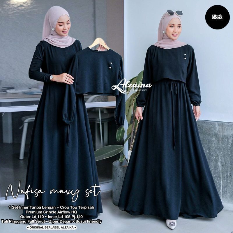 Gamis Hitam Simpel set 2 in one inner outer gamis remaja black kondangan dewasa polos busui frendly.