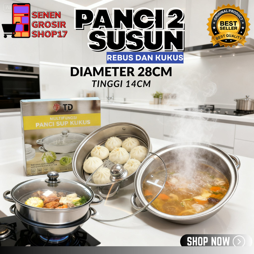 SN COD Kitchen Ware - Panci Kukus Set Stainless Steel Panci Sup Steamer Ikan Bakpao Siomay 2 Susun 2