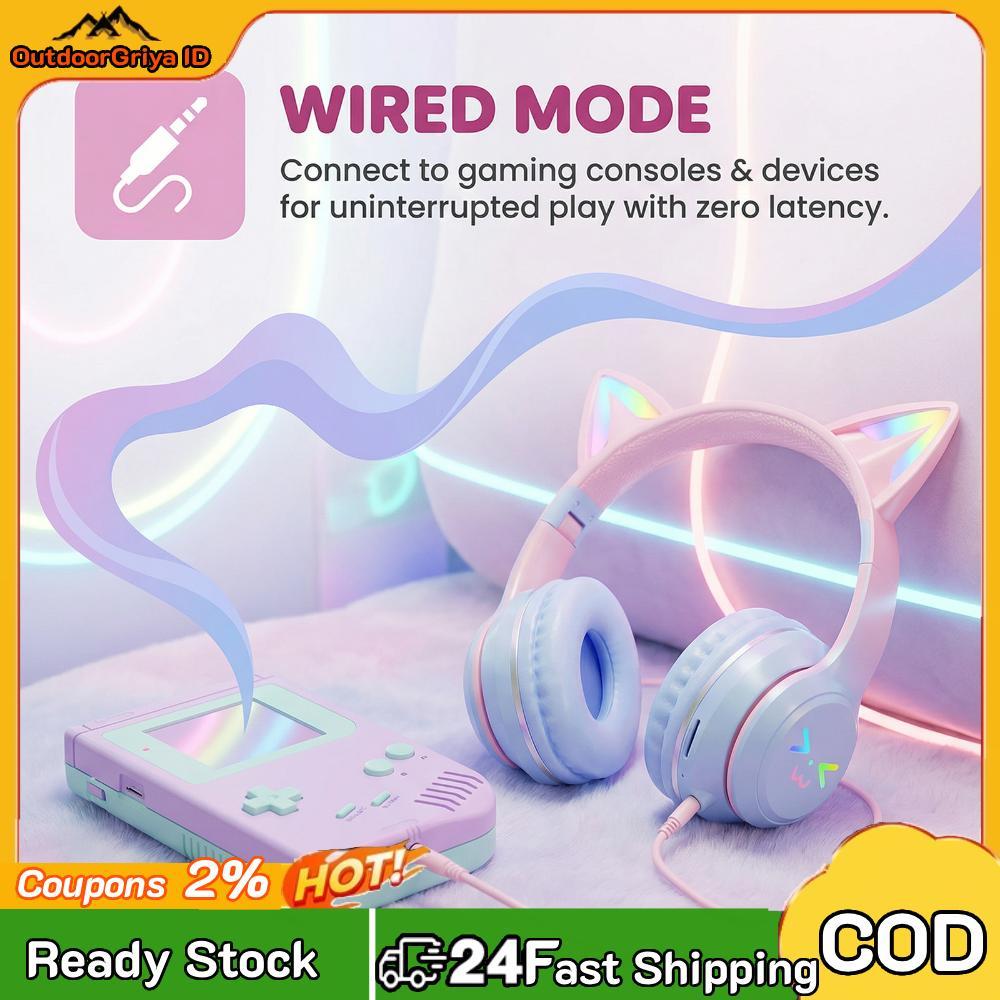 Headphone Telinga Kucing Headset Lipat Lucu untuk Hadiah Perjalanan Anak Perempuan