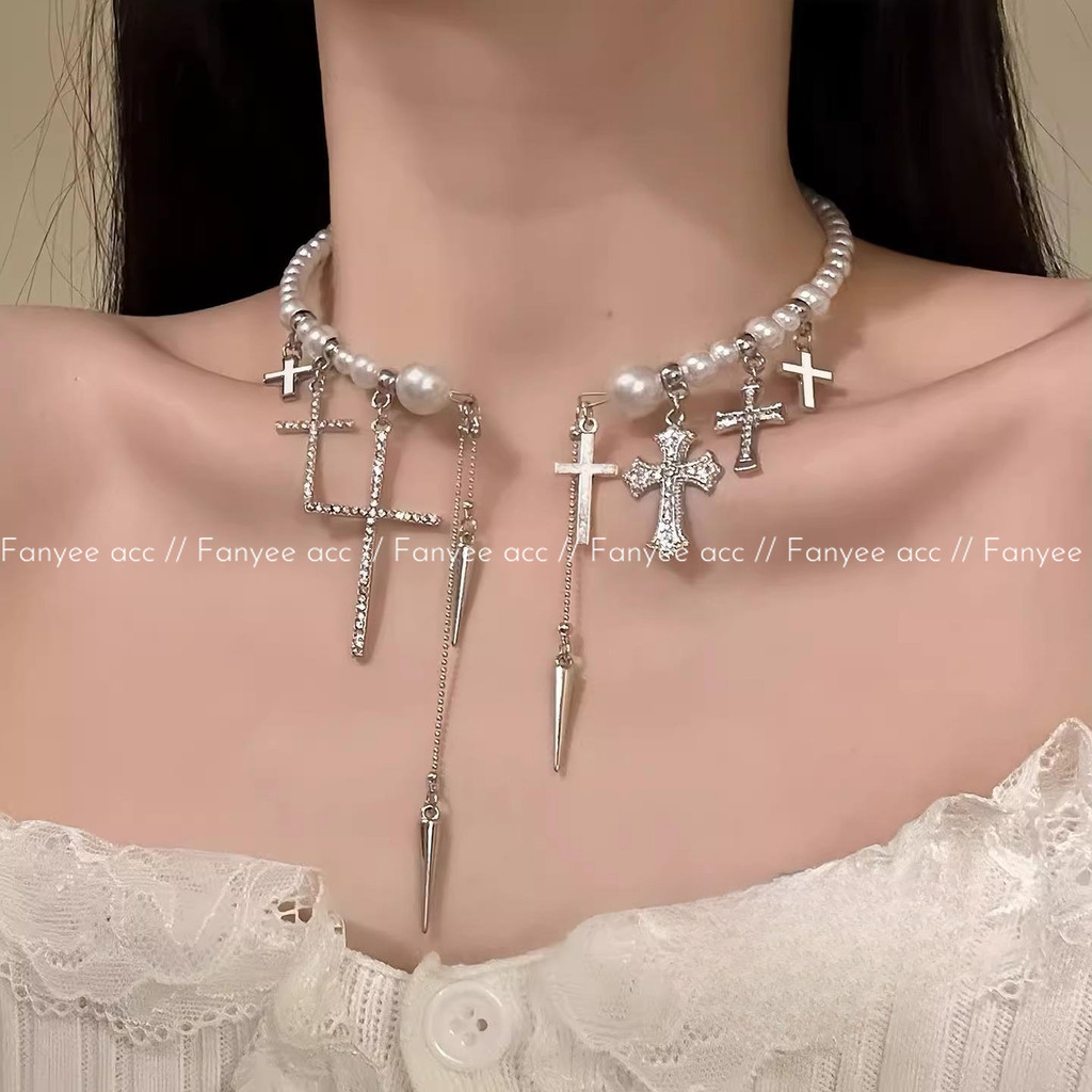 [Fanyee] Kalung Leher Buka Mutiara Rantai Gantung Salib Berlian Penuh - Choker Unik Berkelas Desain 