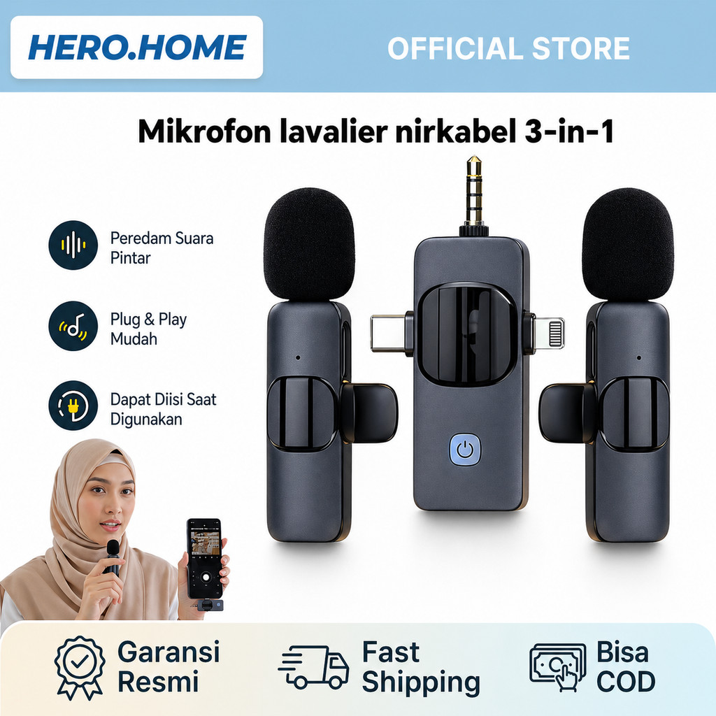 Clip On Mic wireless Nirkabel Lavalier 3in1 Bluetooth Tanpa Kabel DSP Pengurang Kebisingan 3 Level K