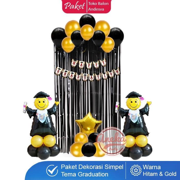 paket dekorasi graduation hitam gold / set balon dekorasi wisuda happy graduation / balon congrats -