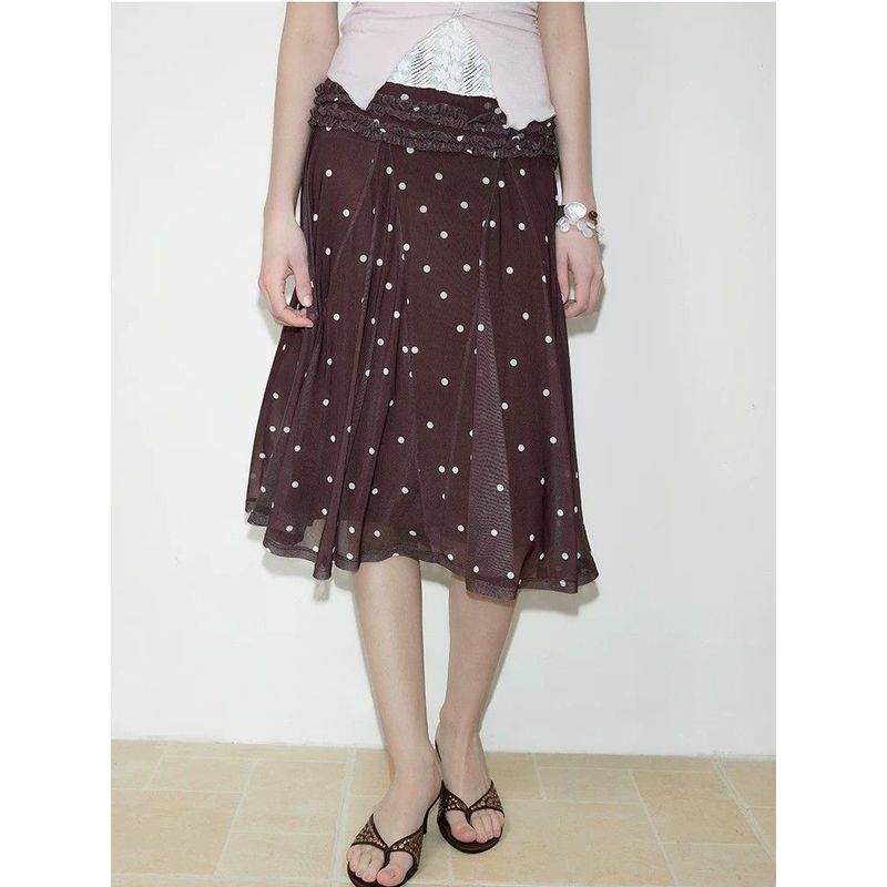 ChubChic COD Rok Midi Wanita Polkadot Mesh Vintage High Waist Elastic Waist Flowy A Line Big Size Ko