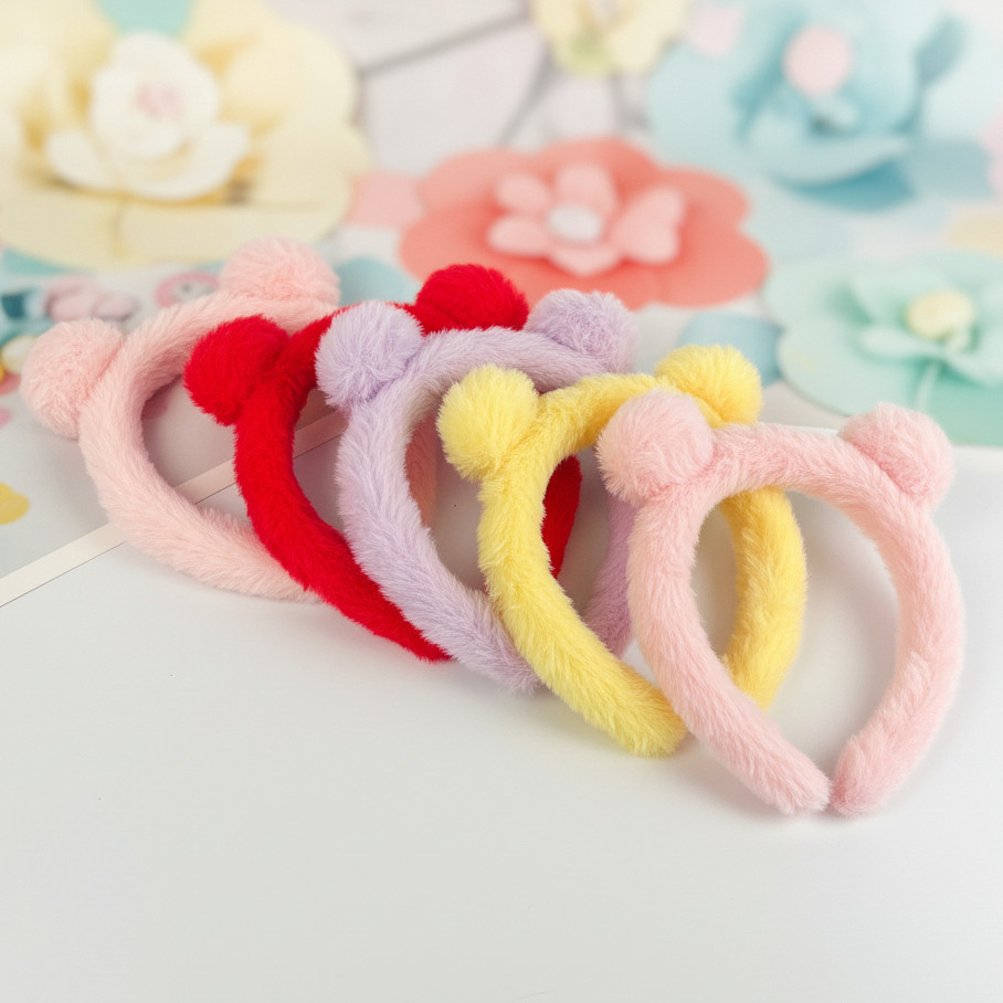 Bando Anak Bulu Halus Telinga Beruang Pompom Korea Lucu Bandana Bayi Aksesoris Rambut Anak Perempuan