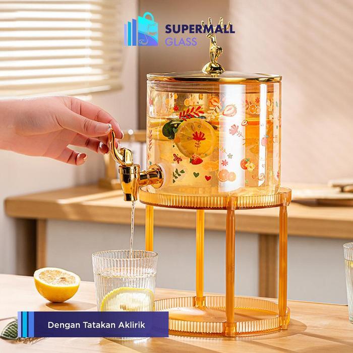 [SG] COD Dispenser Air Kaca / Ketel Air Dingin Kaca dengan Tatakan Kayu / Tempat Minuman Es Jus 2.6L