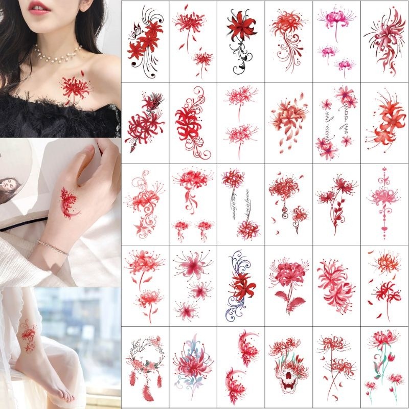 30 LEMBAR Stiker Tato HALAL Bunga Spider lily  - Tatto Temporer Bunga berwarna Tahan Lama Tato tempo