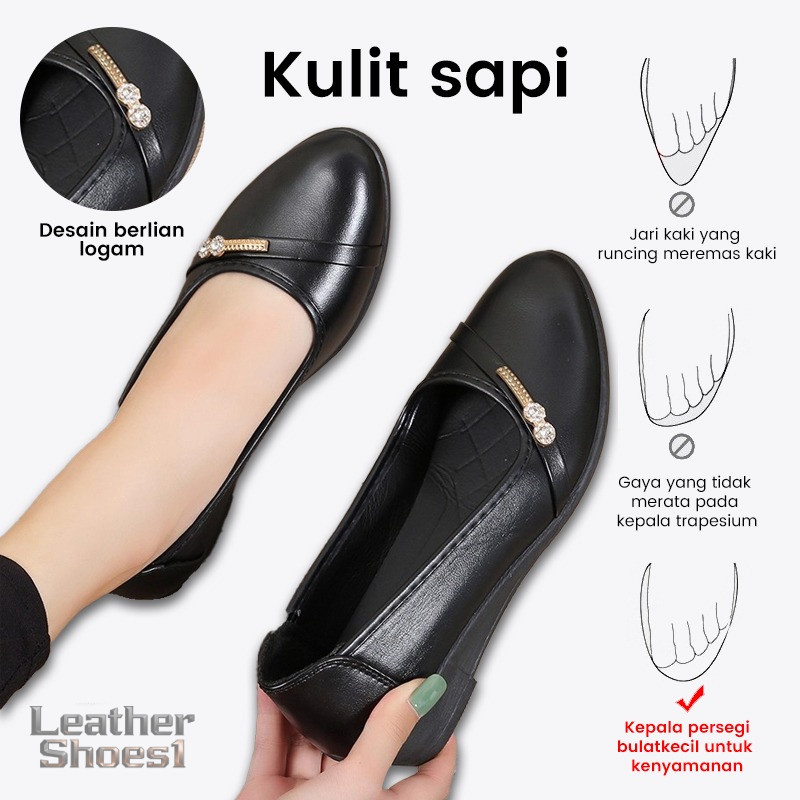 Sepatu Wedges Wanita Sepatu Kerja Flat Kasual Kulit Sapi Hitam Slip on Wanita Dewasa