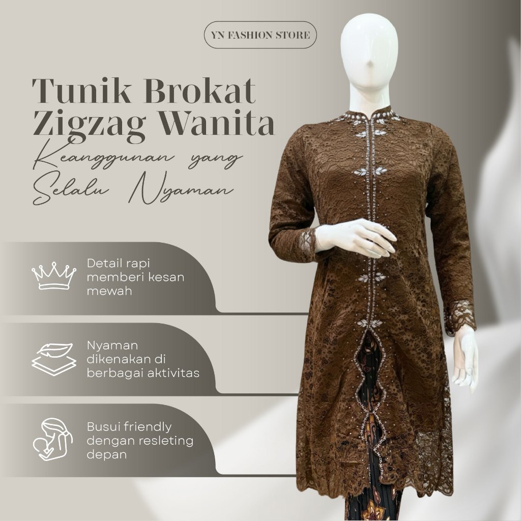 MACIAS_ Tunik Wisuda Pesta Brokat Zigzag Wanita M L XL XXL Warna Emerald Mahogany Lime Elegan Pernik