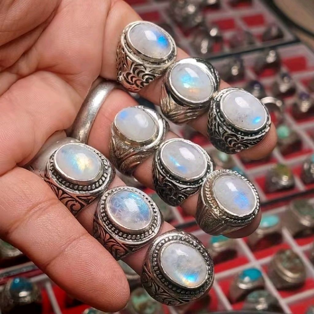 Cincin batu biduri bulan 14mm moonstone cincin akik pria terlaris Akik dan permata