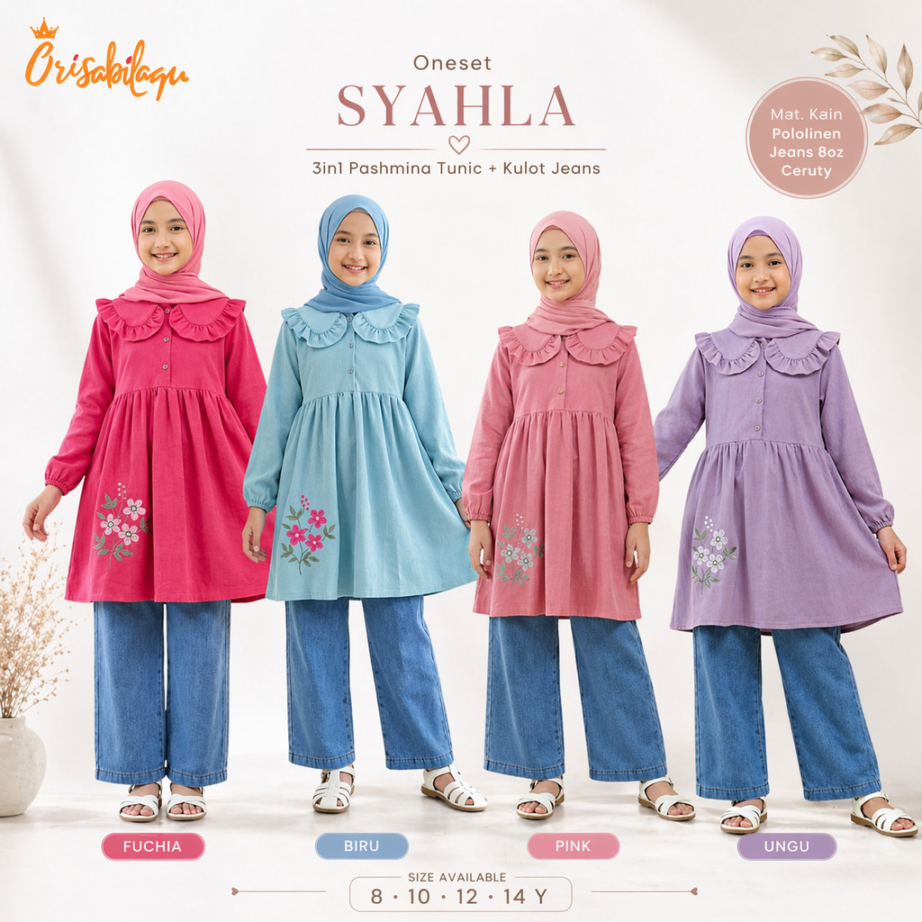 Setelan Anak Perempuan 10–16 Tahun Syahla Tunik Bordir Kulot Jeans Set Baju Anak Muslim Perempuan Re
