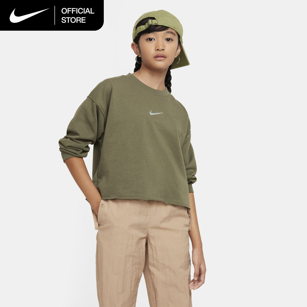 Nike Dri-FIT Older Kids' Sportswear Crewneck Sweatshirt - Medium Olive [FN8652-222]