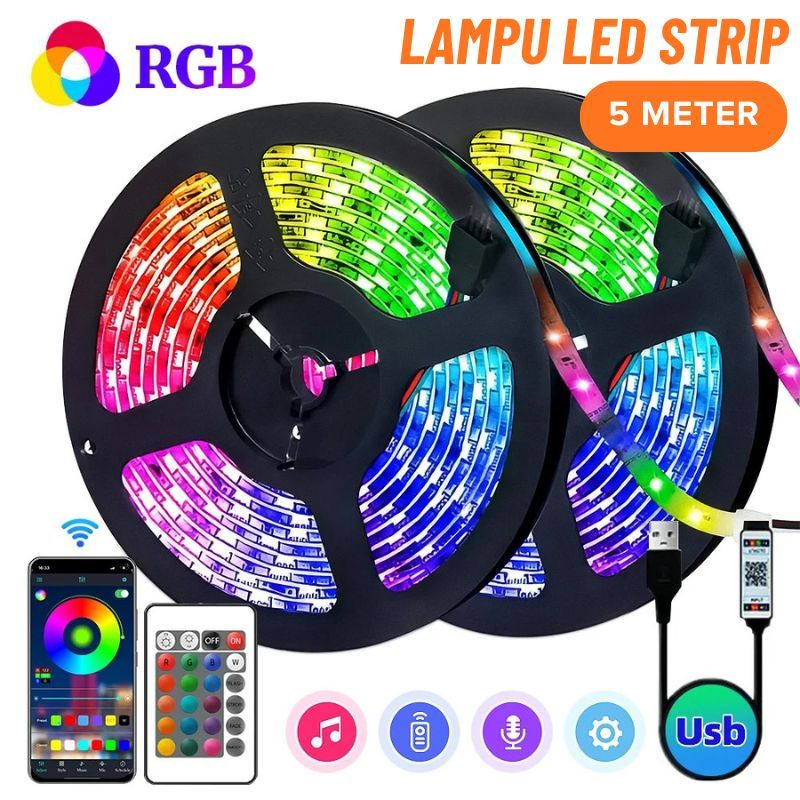 Lampu LED STRIP Lampu Hias Kamar Warna Banyak RGB Remot ADAPTOR Modul SET 5 Meter
