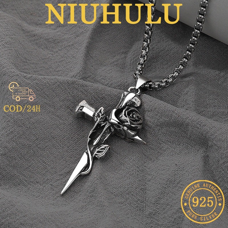 Kalung Salib Mawar Hitam Perak Thailand Vintage