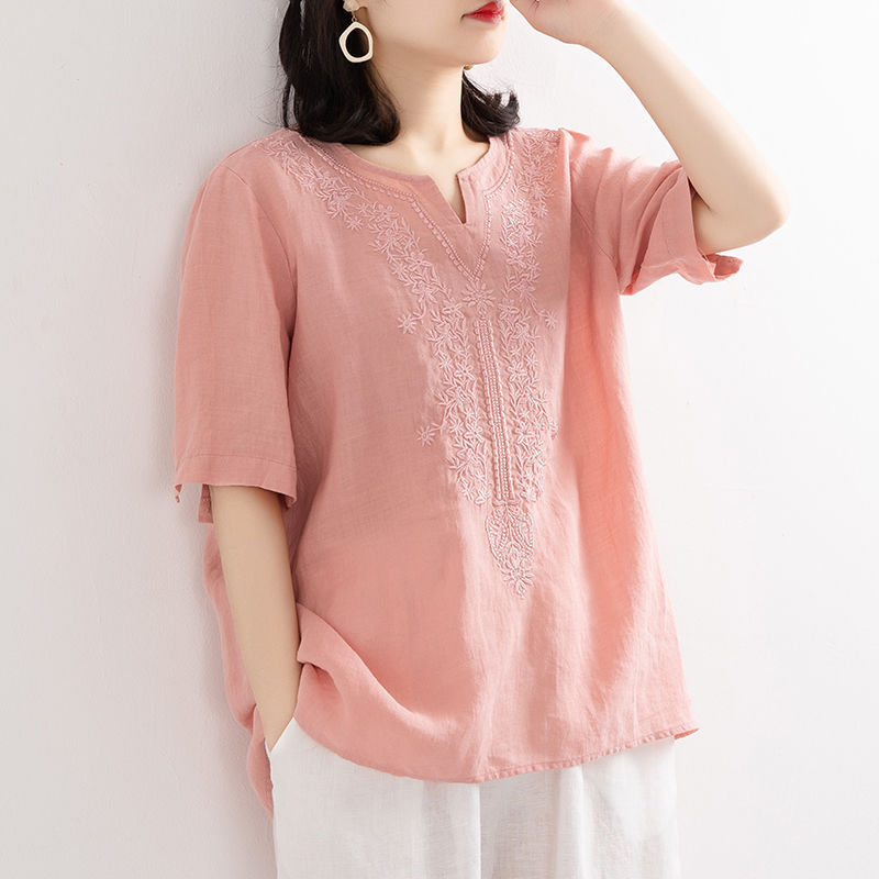 Kemeja wanita berkualitas tinggi berbahan katun-linen dengan bordir Pullover longgar dengan manset p
