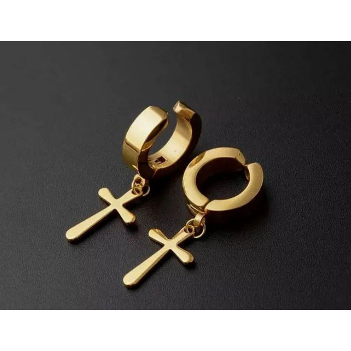 Anting Jepit Salib Titanium Pria Wanita Warna Gold Hitam Putih Tanpa Tindik - Qoqoshop
