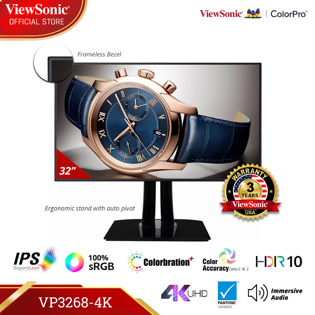 ViewSonic 32" 100% sRGB Professional Monitor VP3268-4K | 4K UHD | IPS |  Auto Pivot