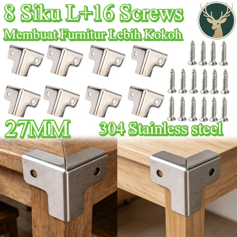 27MM 8 Siku L+16 Screws Pelindung Sudut Kotak Kayu Stainless Steel/ Box Siku L Hardcase/ Siku Box Ko