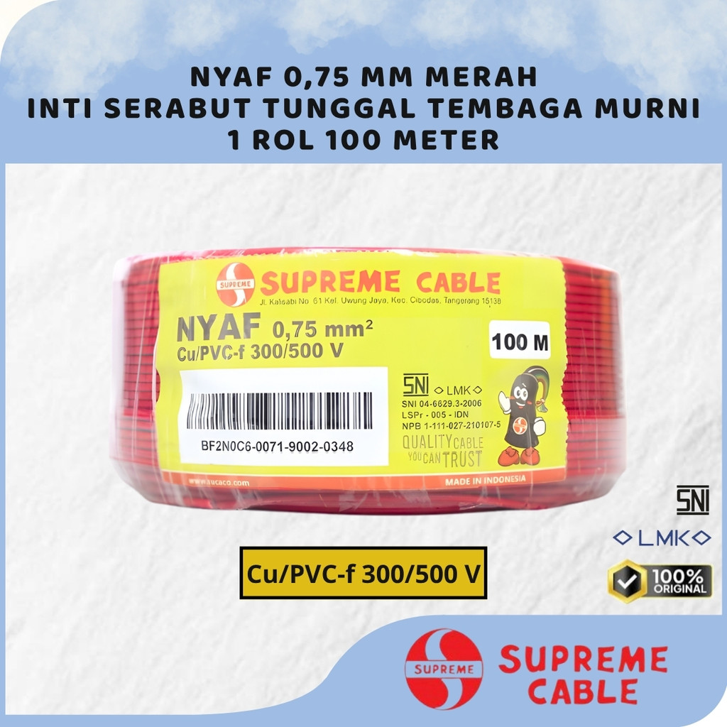 KABEL SUPREME NYAF 0.75 MM MERAH ( 1 ROL 100M ) / KABEL LISTRIK INTI SERABUT TUNGGAL TEMBAGA MURNI /